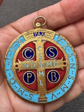 Antique-Style Enamel Saint Benedict Medallion Pendant - Blue & Red